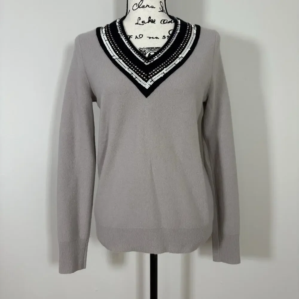 Tory Burch Gray Merino Wool Embellished Sequin V-Neck Sweater Size S/P Preppy
